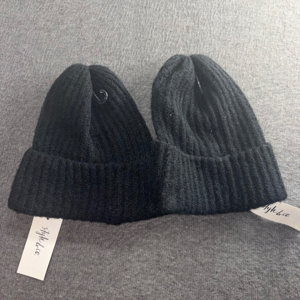 Style & Co 2 Pack Black Ribbed Cuffed Beanie Hats NWT SC15420101 One Size 28380 - Picture 4 of 4
